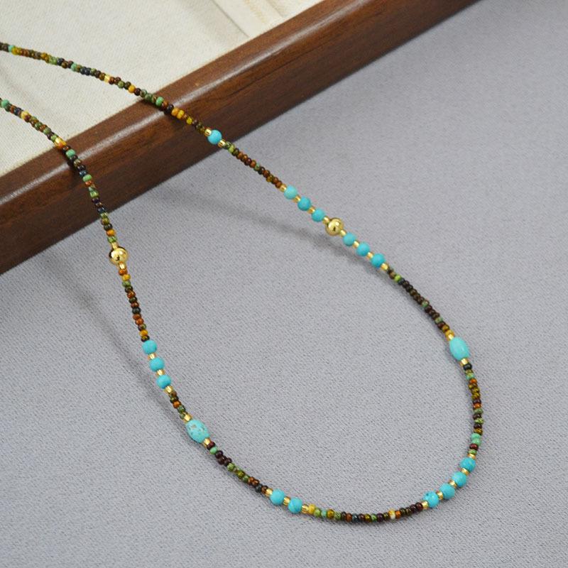 French Retro Minimalist Turquoise Seed Bead Choker Necklace for Women