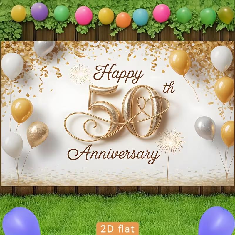 2D White Gold 50th Wedding Anniversary Backdrop Party Background Cloth
