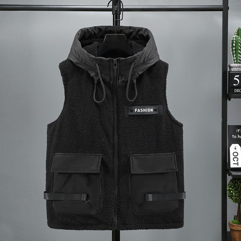 Men Plus Size Warm Hooded Thick Fleece Lined Casual Winter Sleeveless Vest