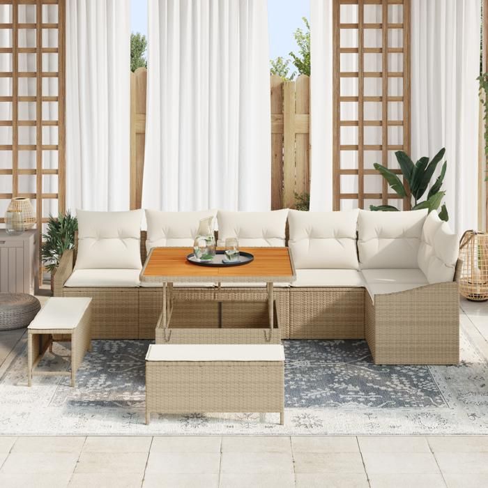 VidaXL Ensemble de Canapé de Jardin 9 Pièces avec Coussins Beige Rattan Poly Acacia 3362666