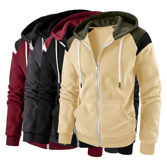 Men Autumn Coat Contrast Colors Hooded Hat Long Sleeves Pockets Warm Plush Drawstring Cardigan Spring Hoodie Coat for Daily Wear