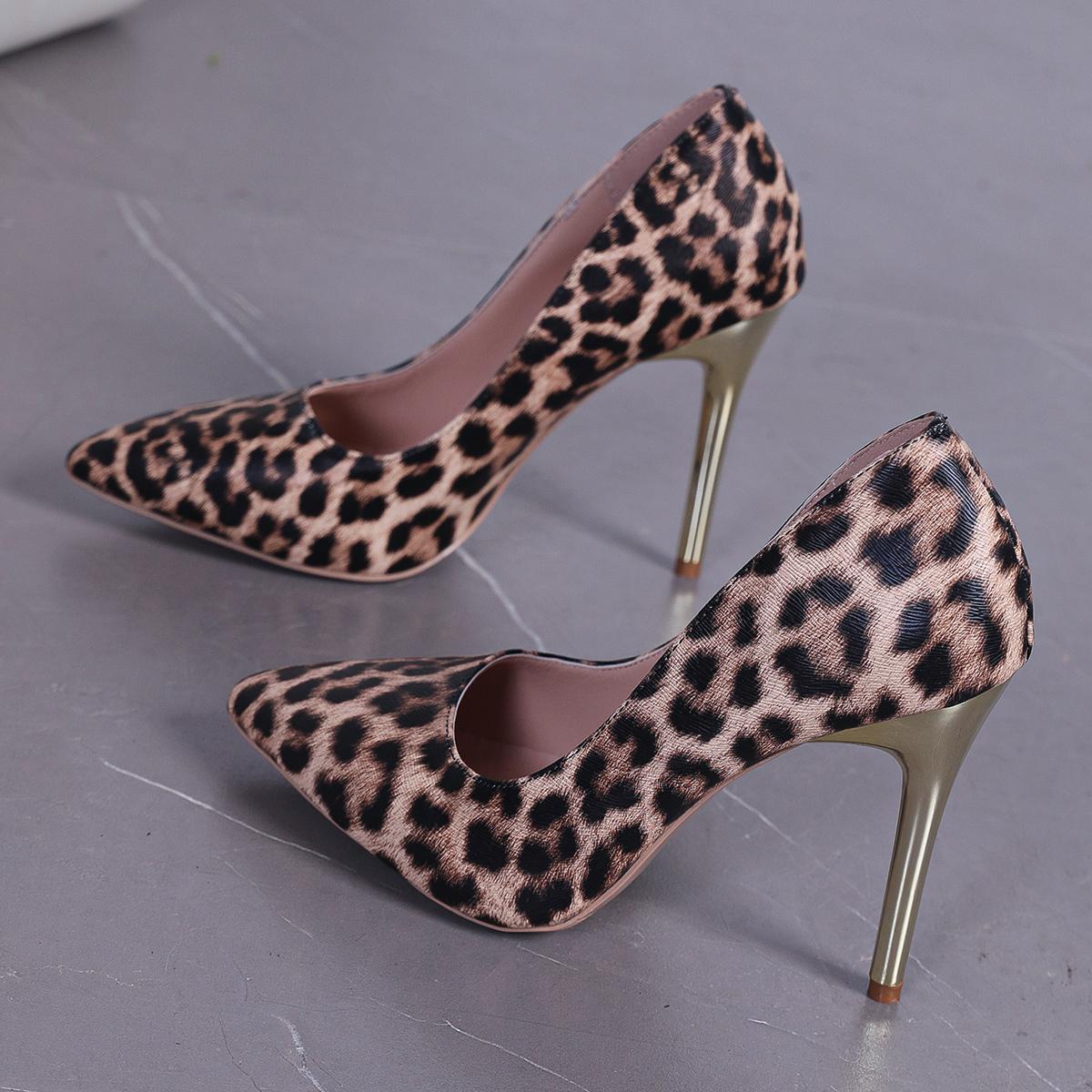 Autumn  Pointy Shallow Stiletto Heels Leopard Print  Trend Temperament Every Single Shoe Woman 34
