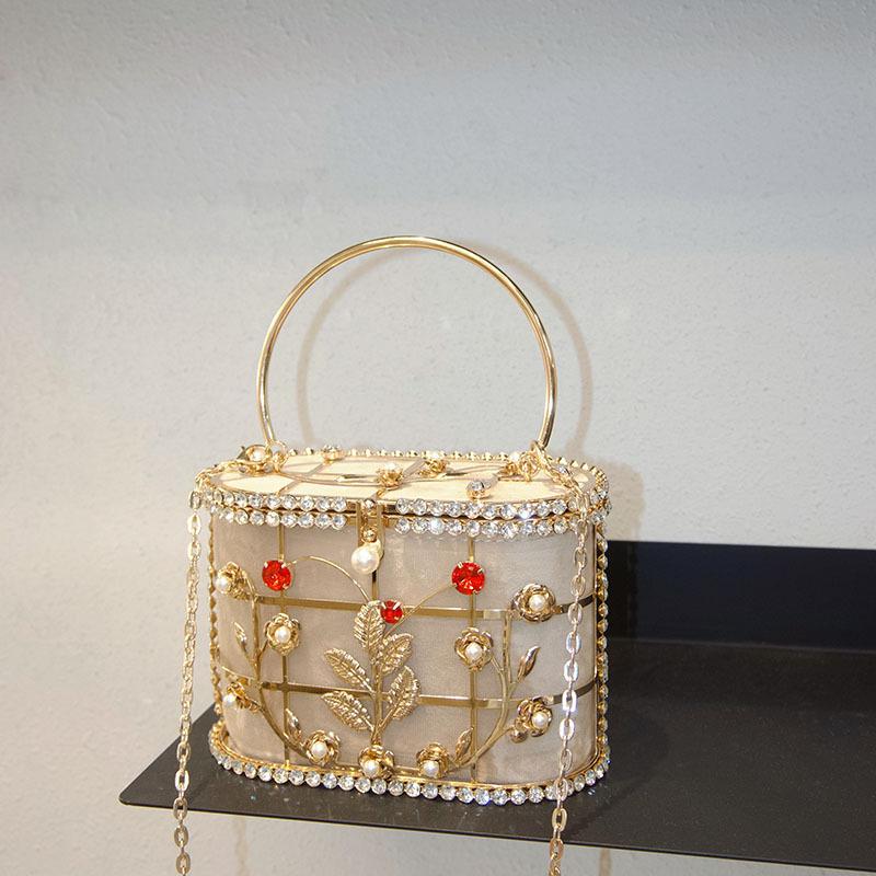 

Metal Birdcage Hollow Vegetable Basket Bag Shiny Not Efficient Rhinestone Flowers Premium Portable Dinner Bag