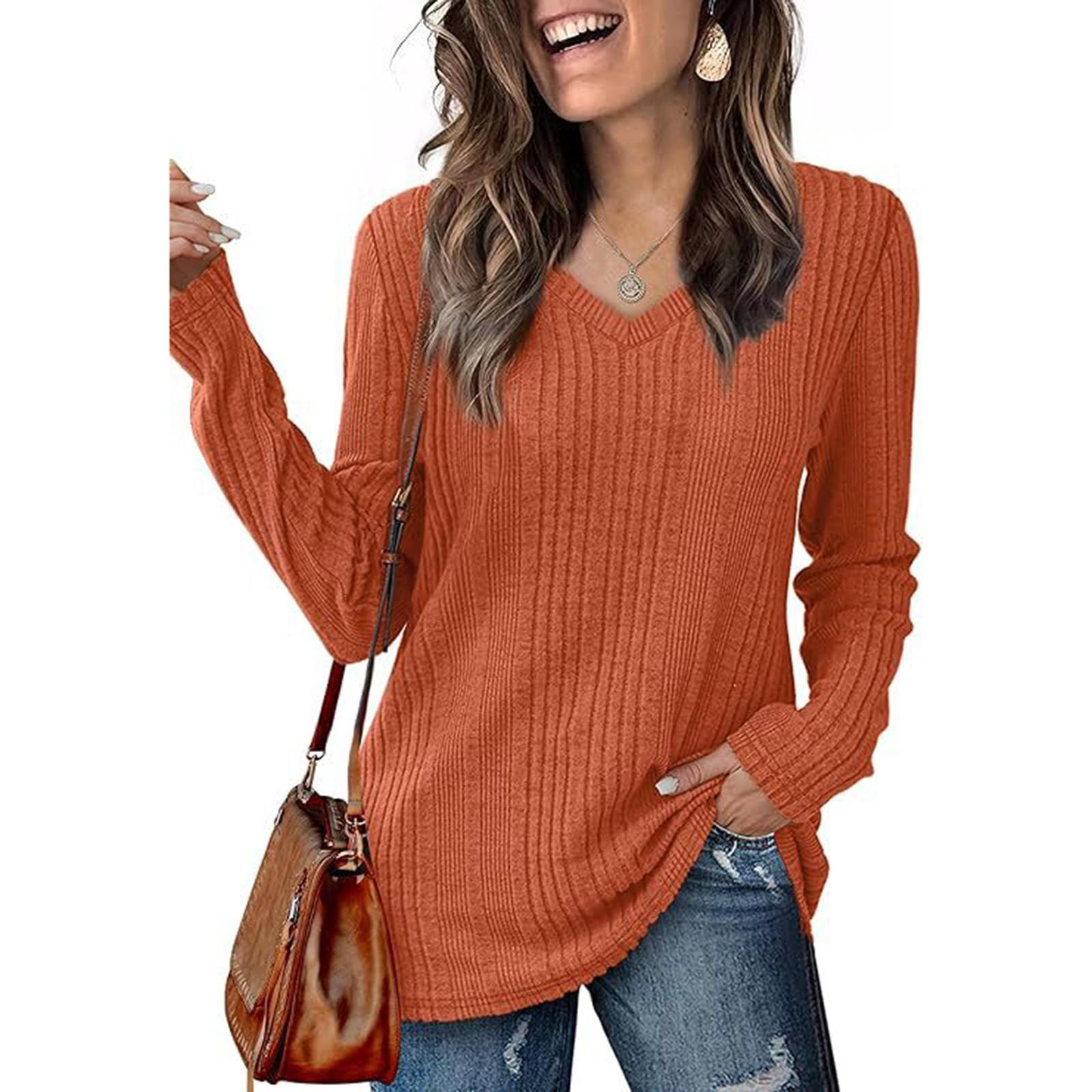 

Женская модная повседневная однотонная футболка с V-образным вырезом и длинным рукавом, удобный топ S киноварь