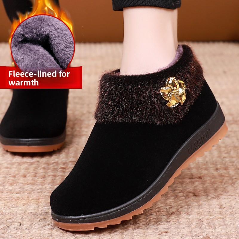 Thiened Fluffy Anti-slip Winter Cotton Soes Women Traditional Beijing Cloth oes Comfortable Low Heel Flat