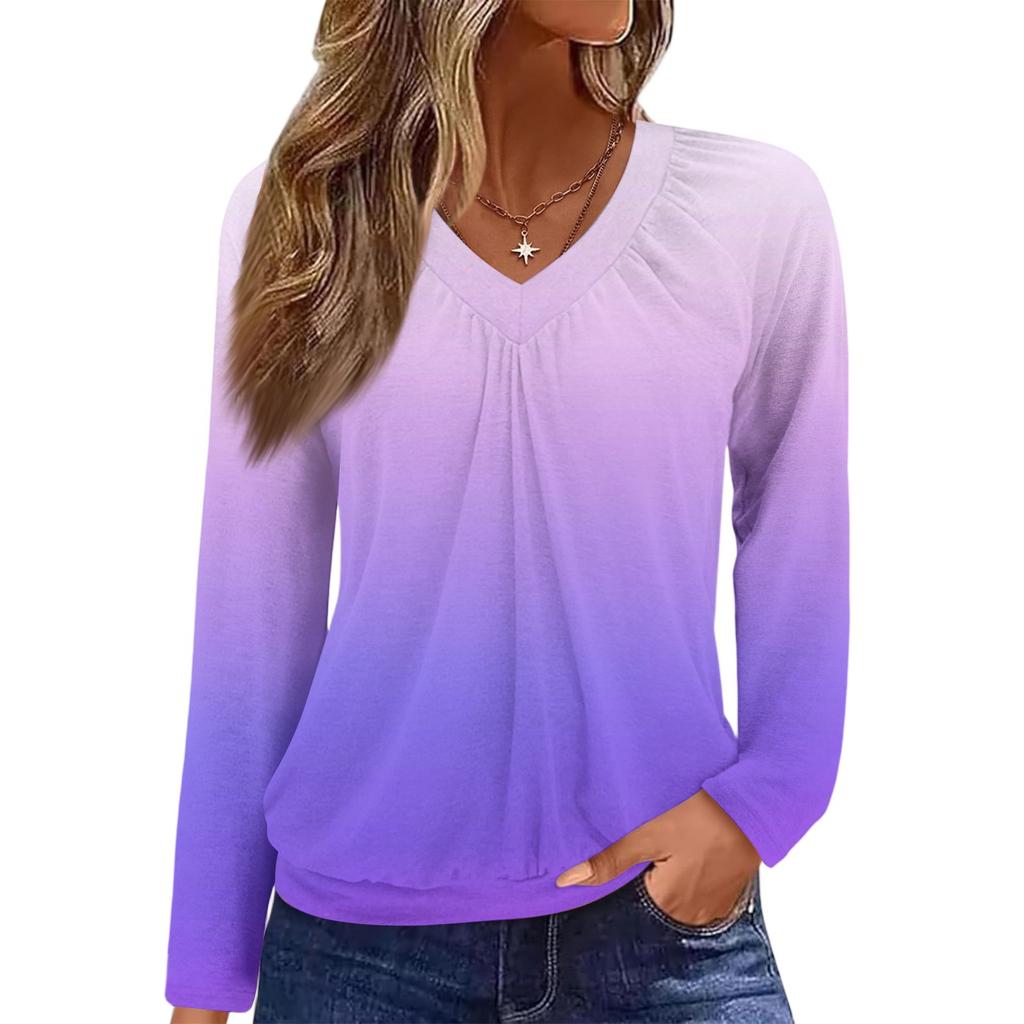 Women's Casual Fashion V-Neck Raglan Pleated Color Long Sleeve Top