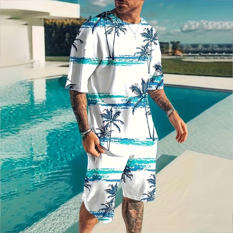 Stylish Men's Casual Suit Summer Breathable And Refreshing Suit Beach Style Printed 3D Coconut Oversized Men's Loose Top