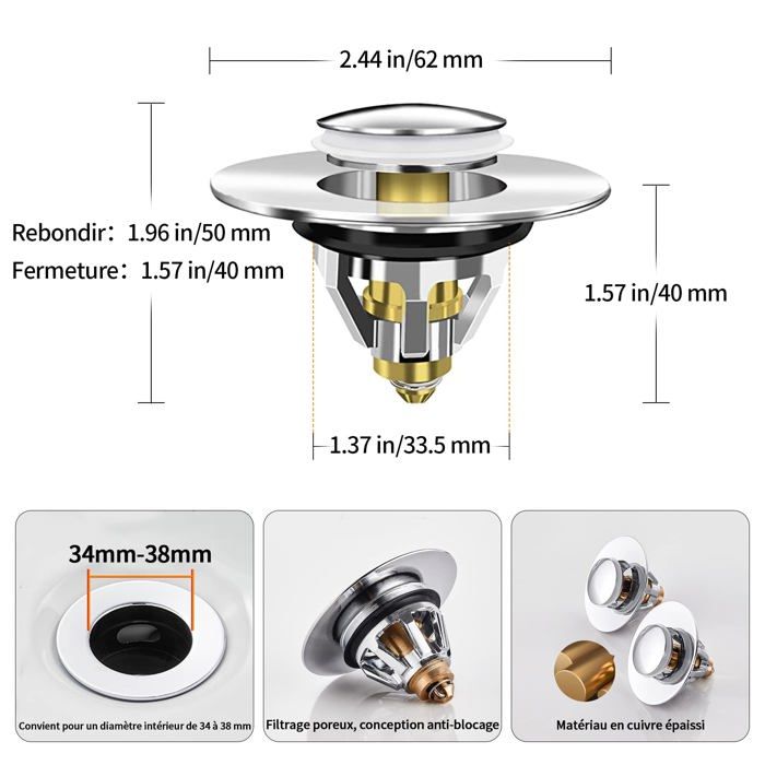Bouchon pop-up lavabo/baignoire universel 34–38 mm avec filtre anti-bouchage (2 pièces) inox