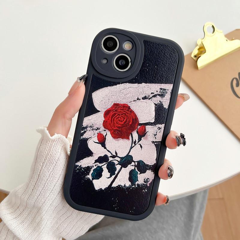 Kožené černé pouzdro silikonové flexibilní měkké pouzdro z TPU módní Rose Butterfly potisk zadní kryt mobilního telefonu pro iPhone Samsung Xiaomi
