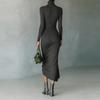 Women's Color Round Neck Long Sleeved Waist Cinched Dress