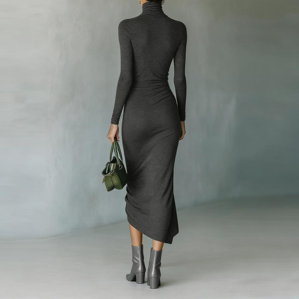 Women's Color Round Neck Long Sleeved Waist Cinched Dress
