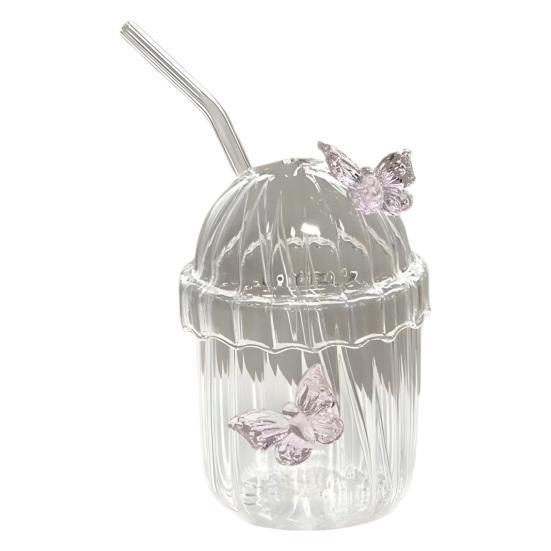 

Стеклянная чашка-бабочка с соломинкой и крышкой 400 мл Стакан для питья-бабочки Ретро кружка для кофе Чайная чашка для сока, пива, виски A