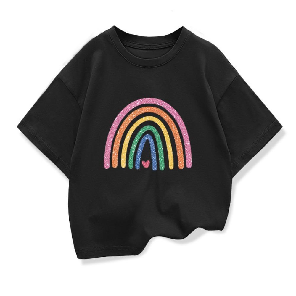 Baby Girl Summer White Clothes Kid Girls Casual Rainbow Printed T-shirts Children Fashion Crew Neck Short Sleeve Top