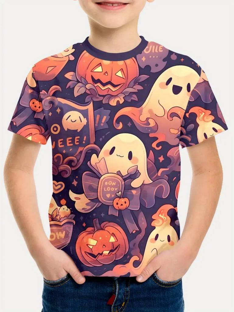Halloween Boy's T-Shirt Pumpkin Pattern Summer Short Sleeves Skull Fashion Print Kids Tops 2-10y Party Gift Children's Clothing