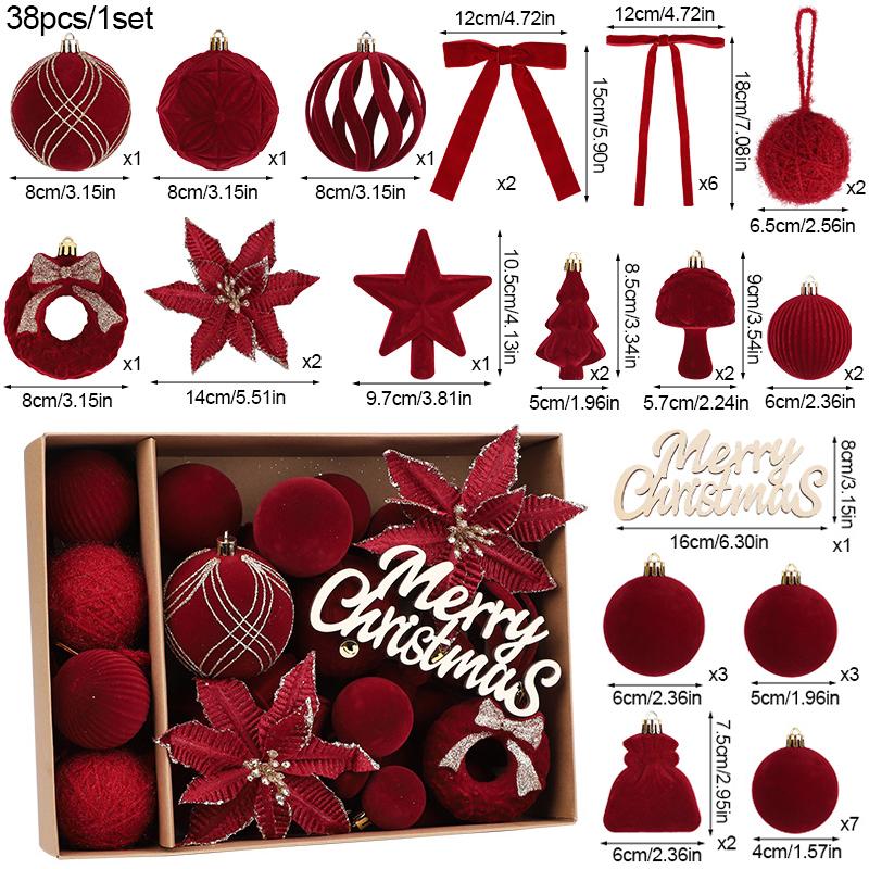 

38 шт./коробка Рождественские шары Украшения Подвесные цветы Бант Лента Звезды Верхушки для елки Рождественское украшение для дома Новый год 2026 as picture вино красного