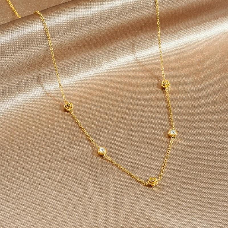 Gold Plated Rose Flower CZ Necklace, Dainty Link Chain with 3D Rose & Clear Zircon Pendants, Minimalist Floral Jewelry for Women Gift