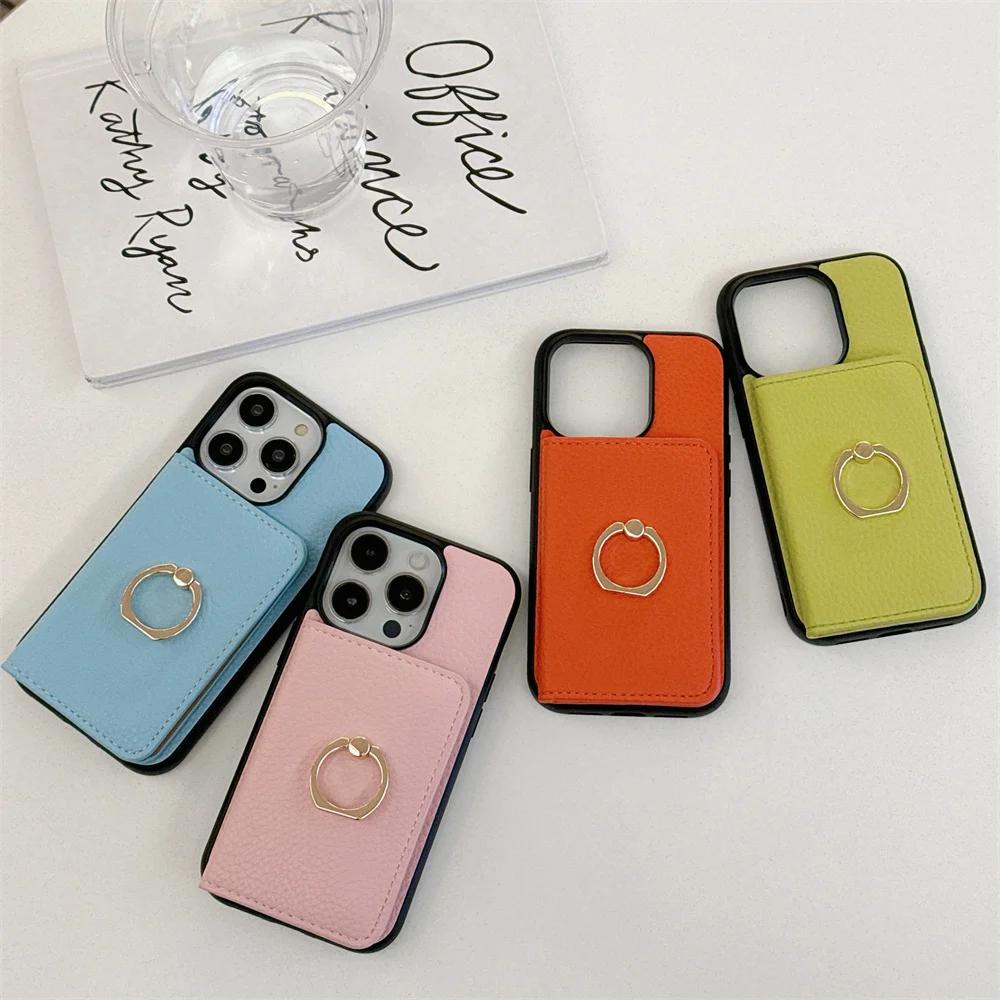 Leather Ring with Card Holder Phone Case for IPhone 15 14 11 Pro Max 13 12 Mini XR XS X Max 8 7 Plus PU Shockproof Shell Cover
