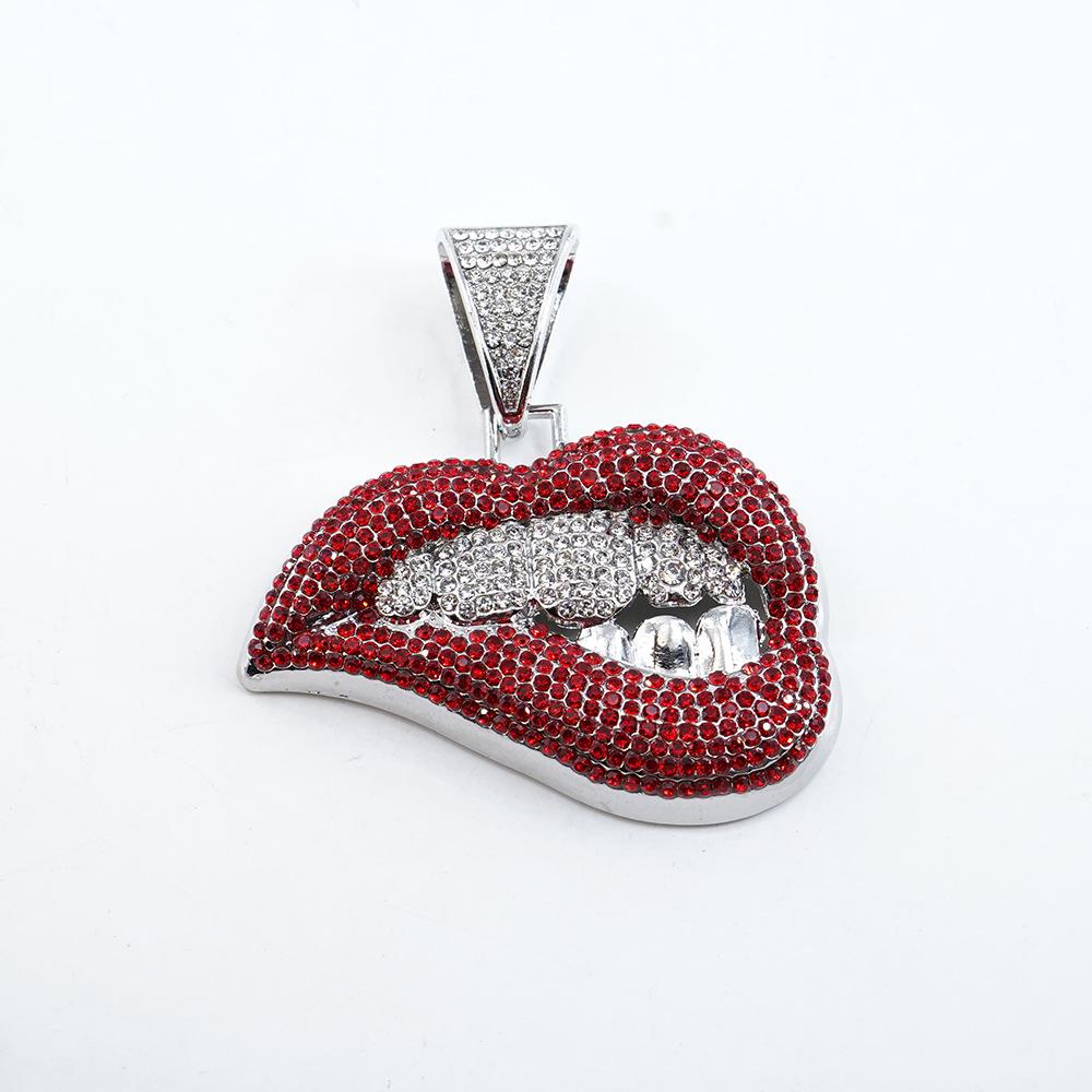 Colorful Diamond Lip Bite Pendant Hip Hop Cuban Chain Necklace