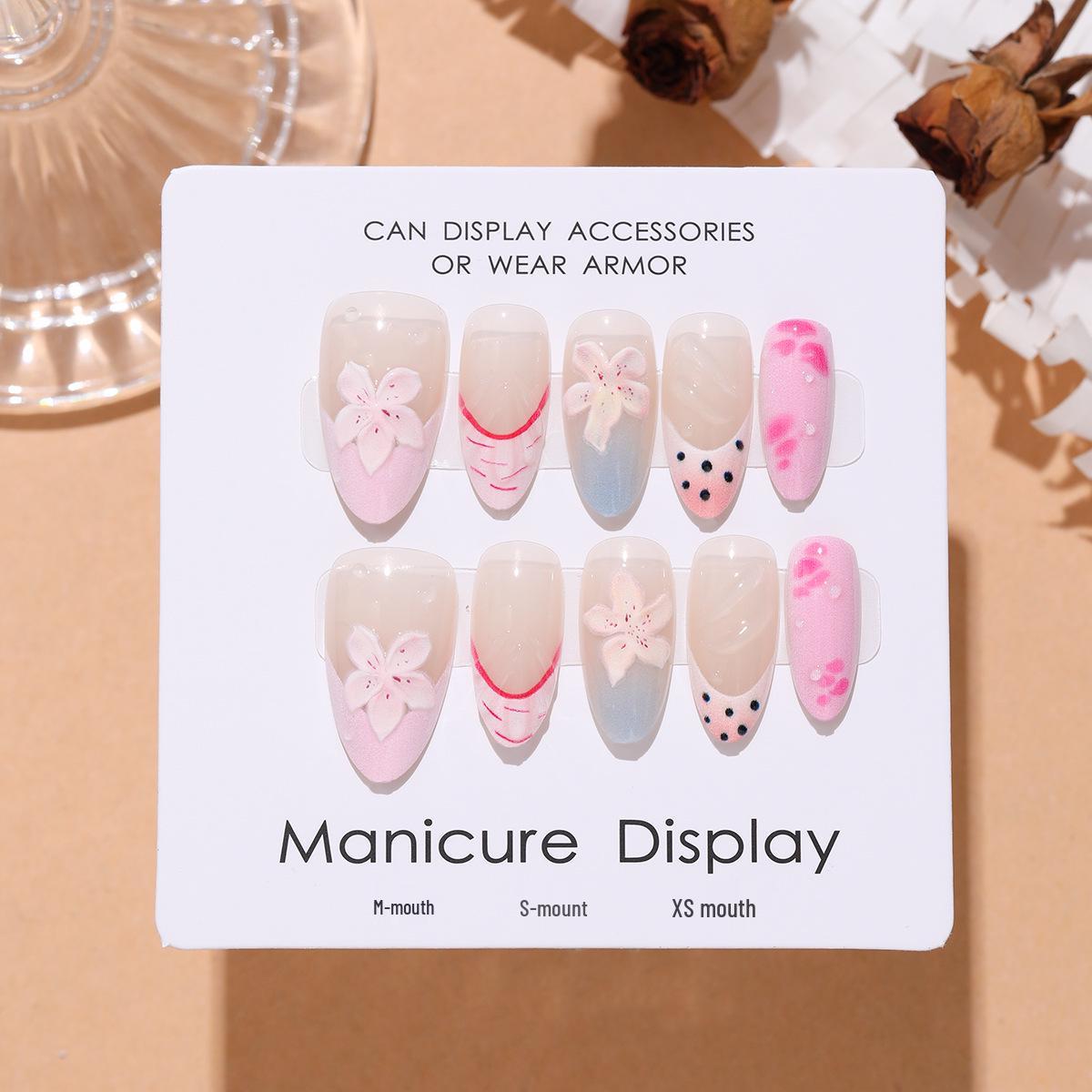 T804# Spring Pink Cherry Almond Short Nails - Nude 3D French Polka Dot Art Stickers