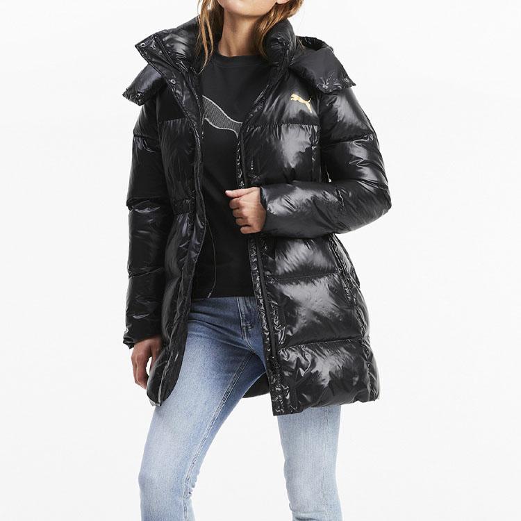 Puma Metallic Gold Logo Hooded Down Jacket Women Outerwear Black 585409-01
