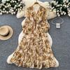 Französisches Retro V-Ausschnitt Langarm Blumen Chiffon Kleid Damen Herbst Taille Temperament Lotusblatt-Rand Langer Rock