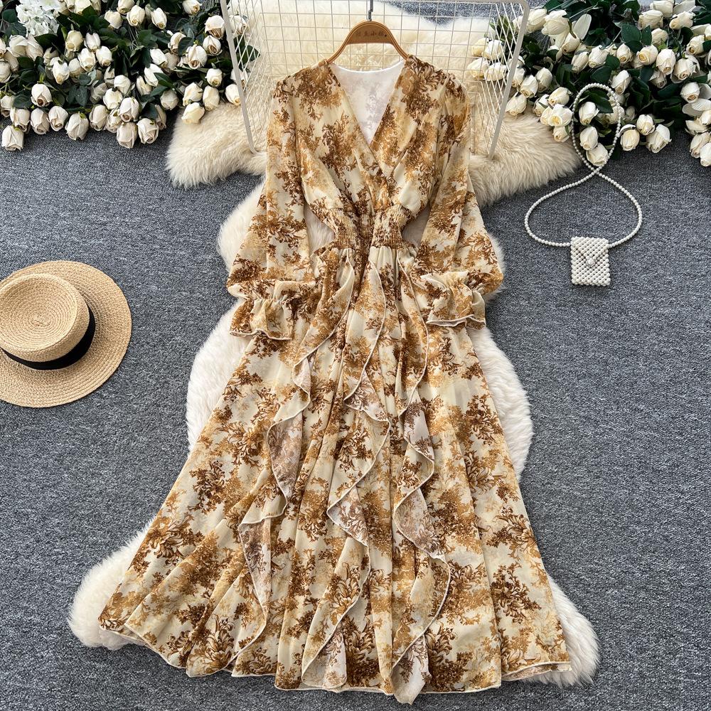 Französisches Retro V-Ausschnitt Langarm Blumen Chiffon Kleid Damen Herbst Taille Temperament Lotusblatt-Rand Langer Rock