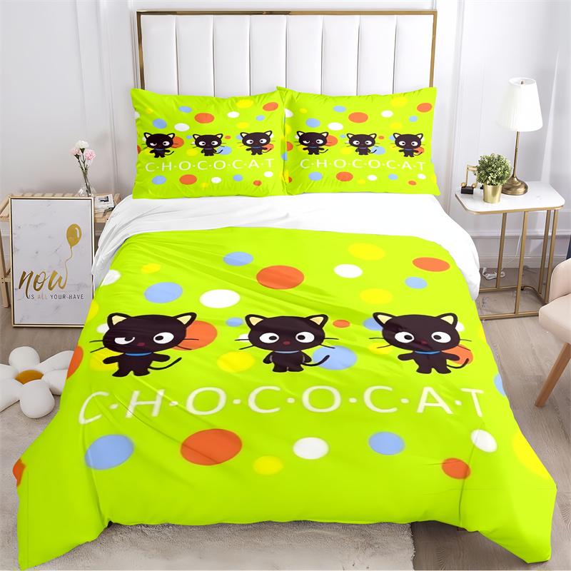 Cute Black Cat with Red Bow Print Bedding Set, Grey Striped Cartoon Cat Duvet Cover Set(1 * duvet cover + 2 * pillowcase, without core)