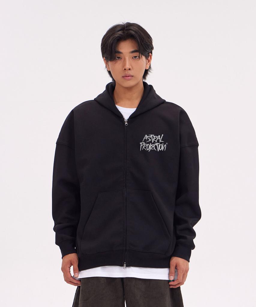 Astral Projection Graffiti Lettering Oversized Wide Shoulder Zip-Up Hoodie_Black