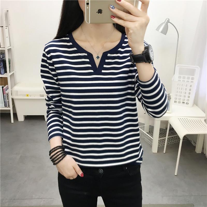 Women's Plus Size Striped Long Sleeve Cotton T-Shirt - Autumn Collection for Middle-Aged Moms