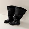 Cowhide Version~ Retro Long Boots Women's Belt Buckle Knight Boots Big Wide Tube Thick Heel Pleated High Boots Stacking Boots