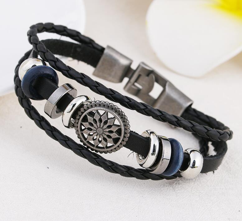 Retro Sunflower Evil Eye Beaded Multi-Layer Bracelet, Punk Ethnic Style with Turquoise Leather