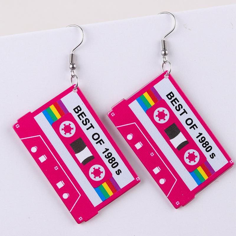 

Acrylic Best of The 90s Letter Magnetic Tape Earrings for Women Vintage Square Cassette Tape Dangle Earrings Jewelry Gifts рожевий червоний колір