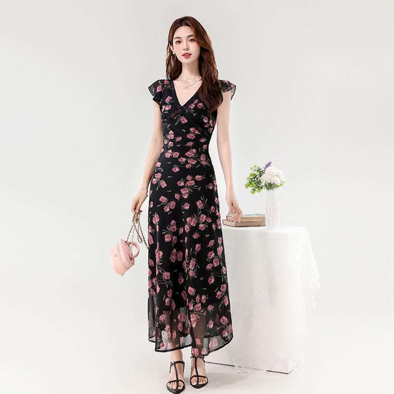 Women s Purple Floral V-Neck Long Dress with Ruffle Sleeves, 2026 Summer Collection Large чёрный