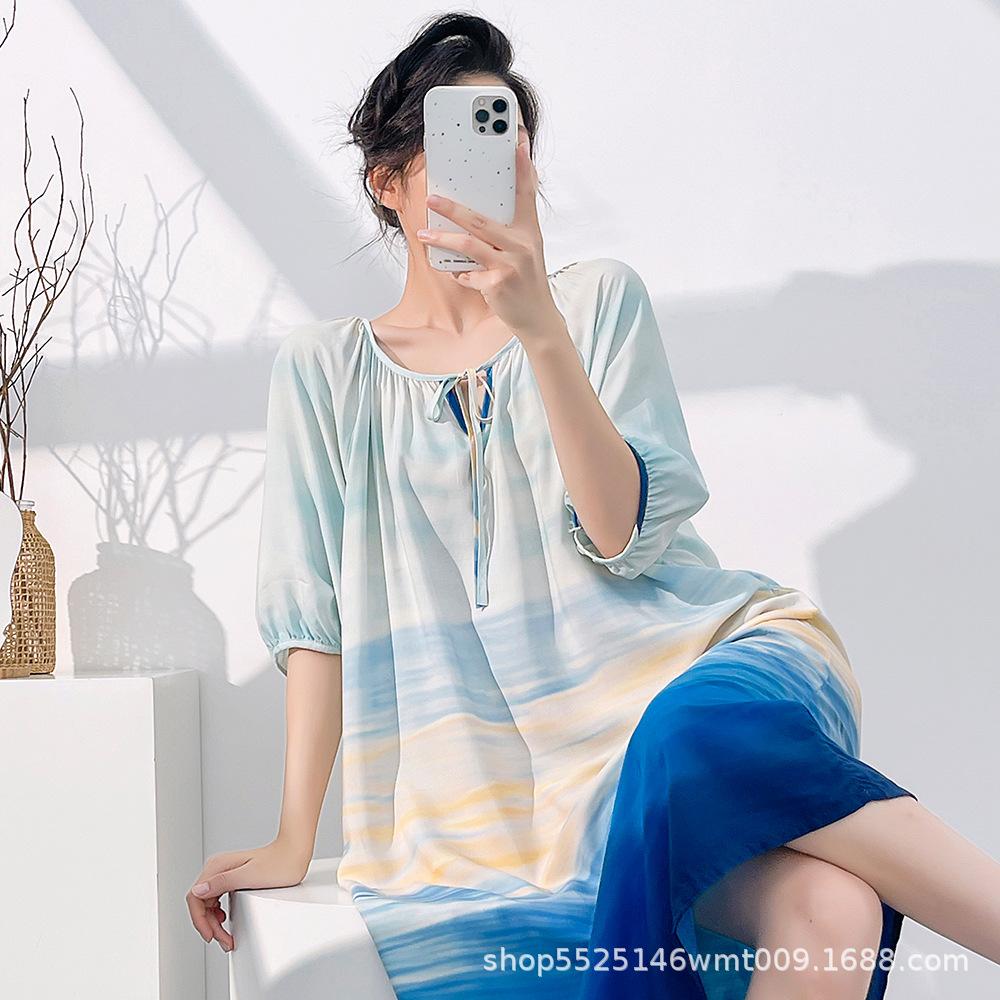 1011 Mu Zhensi's new cotton and silk summer dress loose round neck dress printed skirt nightdress vacation style