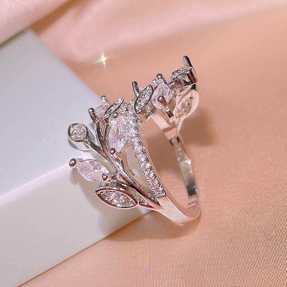 925 Stamps Fashion Winding Interweaving Leaf Ring Creative Leaf Flower Vine Octagonal Flower Zircon Ring Party Birthday Gift
