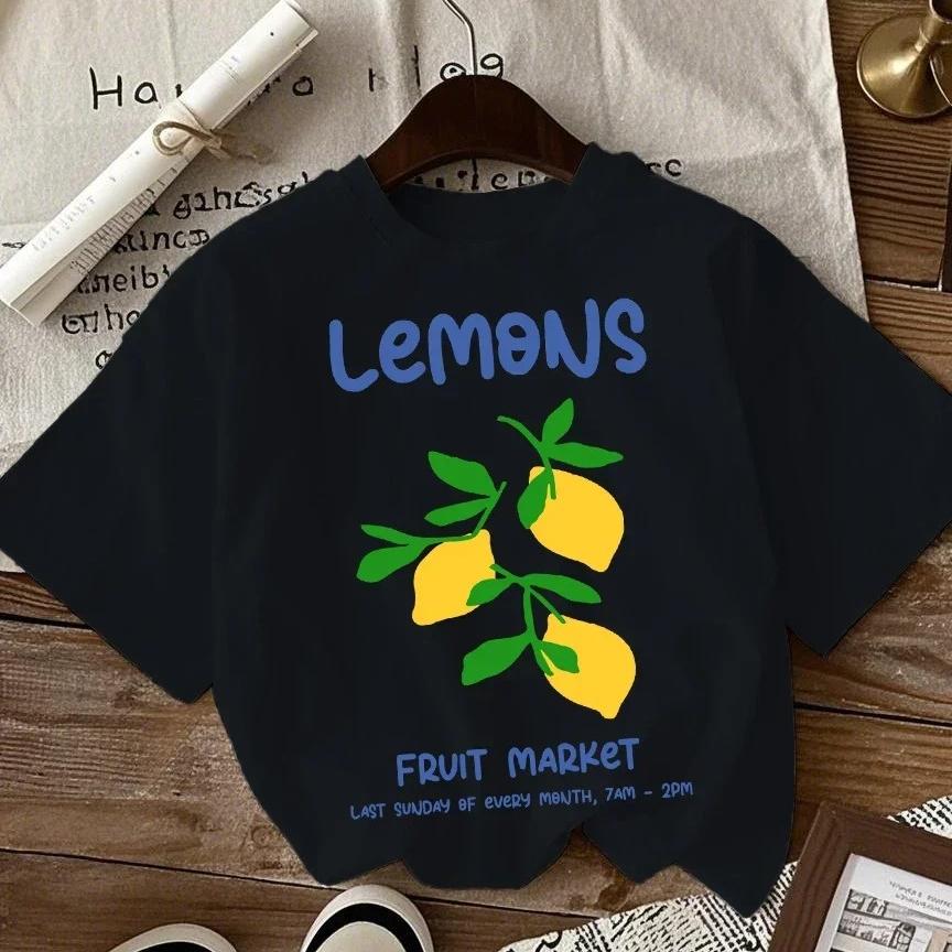 Lemons Fruit Market Creative Print Women T Shirts O-Neck T-Shirt Summer Clothes All-Match Comfortable Streetwear