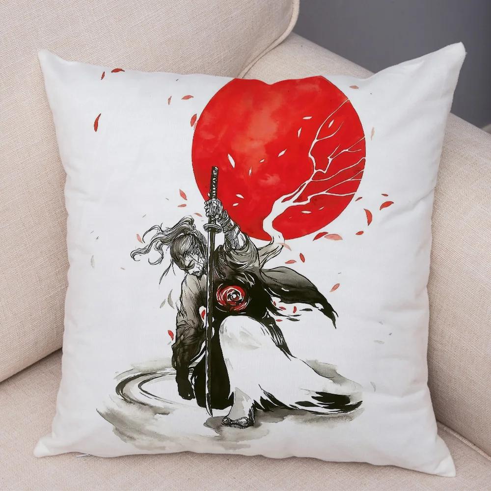 Japan Style Ink Warrior Cushion Cover for Sofa Home Double Print Decor Beautiful Scenery Girl Pillowcase Soft Plush Pillow Case