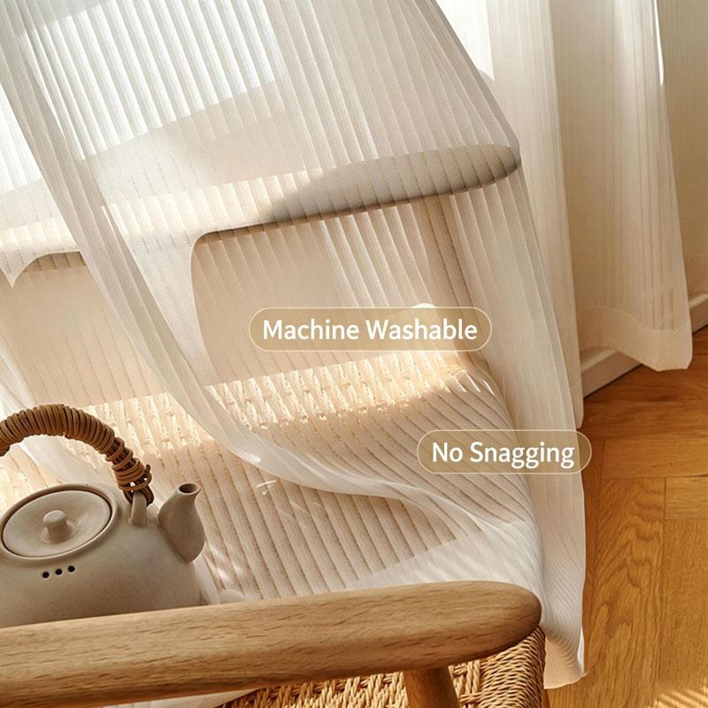 Semi Sheer White Curtains 40%-70% Light Filtering Vertical Striped Voile Drapes for Balcony Bedroom Living Room Window Privacy