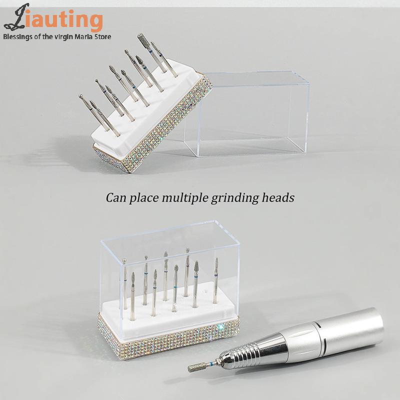 Držák na nástroje pro nail art 10 otvorů s umělým třpytivým diamantem Úložný box na brusné bity na nehty Organizér pouzdro na lešticí a brusné hlavičky na nehty