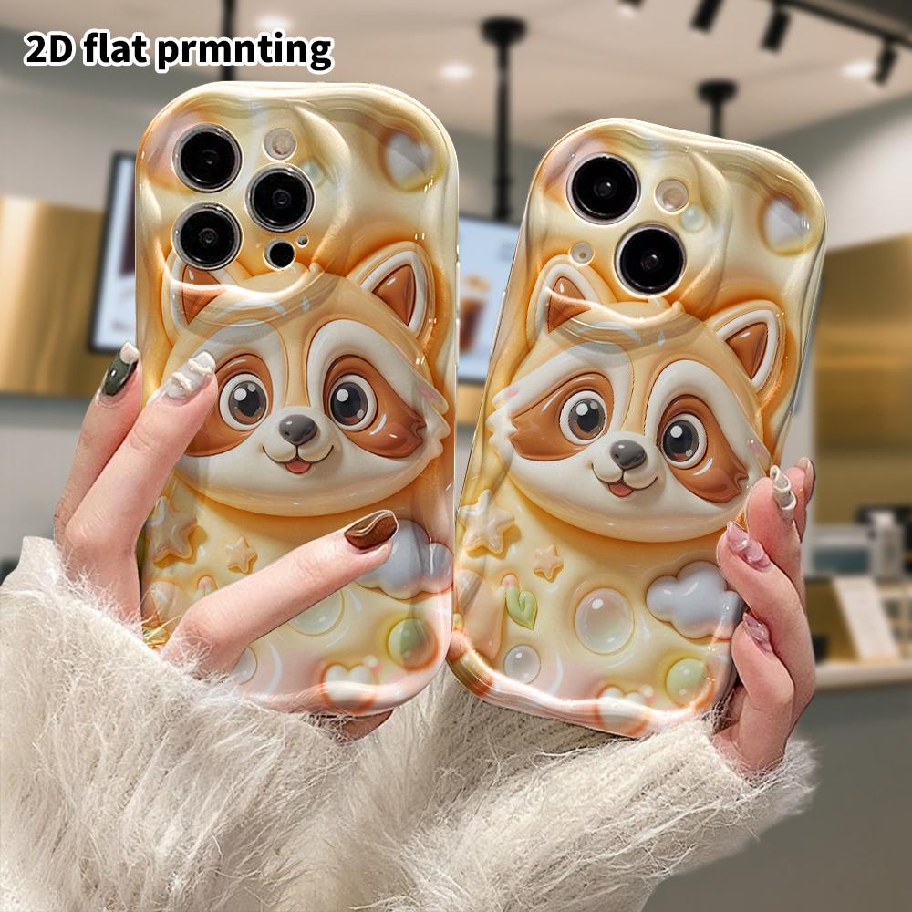 Phone Case: 2D flat design suitable for iPhone 18 17 16 15 14 13 Pro protective case, creamy coffee little raccoon, perfect Christmas and Halloween ho