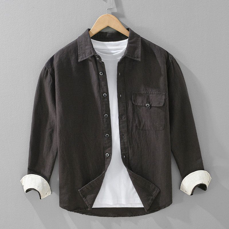Foreign Trade Surplus Spring and Autumn Thin Linen Long-Sleeve Shirt for Men, Vintage Texture Square Collar Cotton-Linen Shirt, Loose Fit Jacket