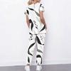 Women Plus Size White Floral Printed Scrub Set Crisscross Cutout Neck Short Sleeve Top With Pockets Long Pants Two Piece