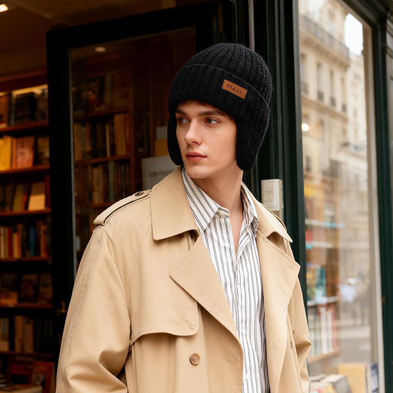 Men's Winter Warm Velvet Thick Hat Cycling Wool Hat Cold-Proof Ear Protection Knitted Hat