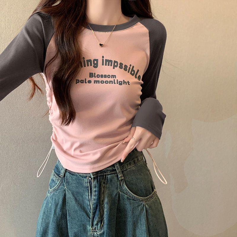 Plus Size Spring/Autumn Slim-fit Long Sleeve Drawstring Cropped Top for Women, Round Neck Base Layer T-shirt, 2025 New Collection.