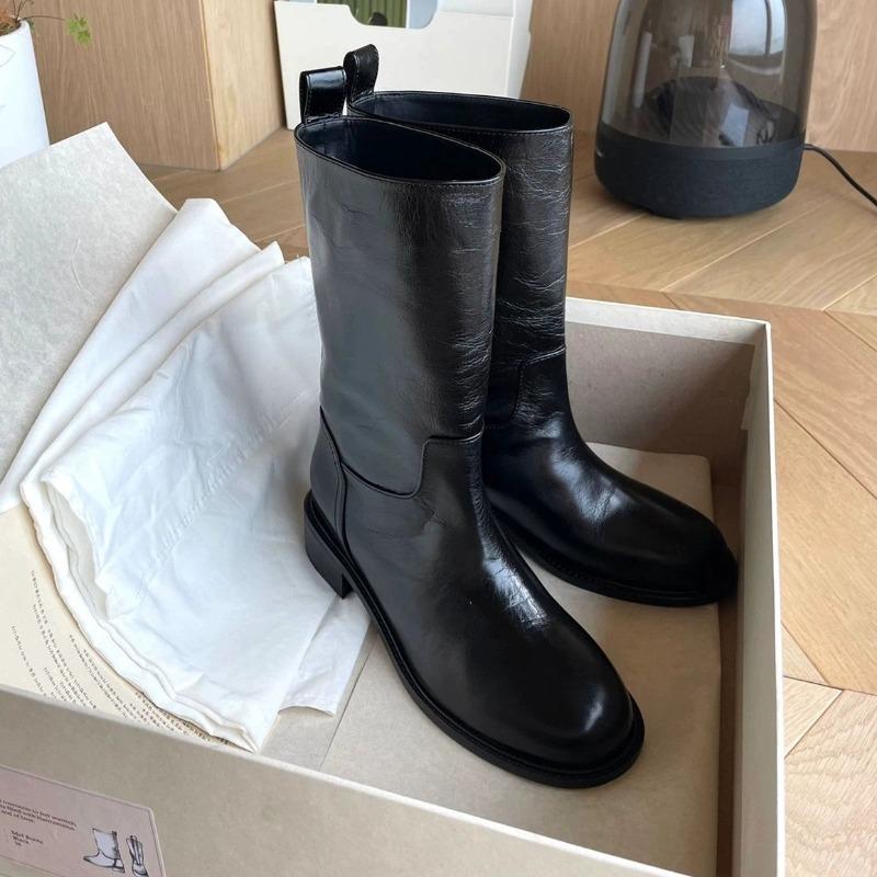 Cowhide retro premium wide leather western boots thick heel medium tube knight short boots women's autumn and winter Martin boots
