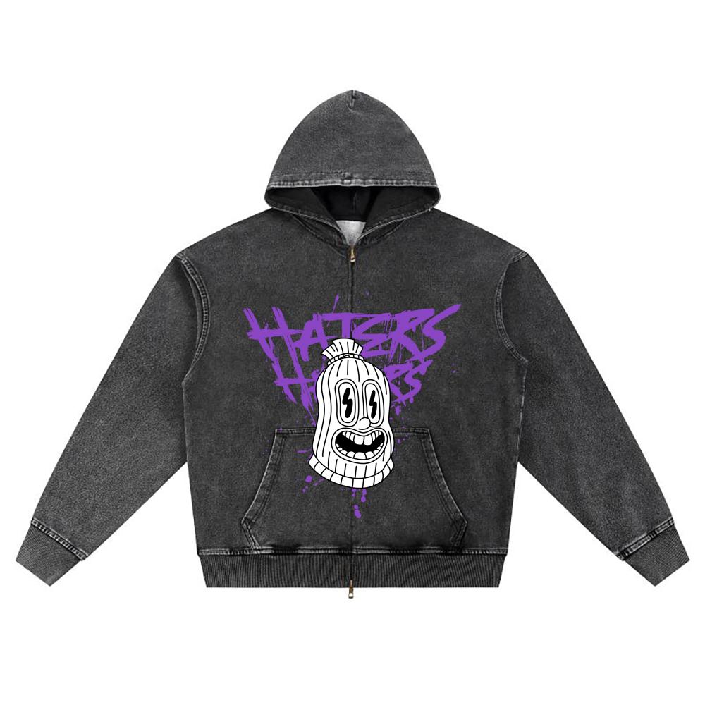 DTG Print Knitted Denim Zip-Up Hoodie Haters Brother Print Zipper Hoodies  