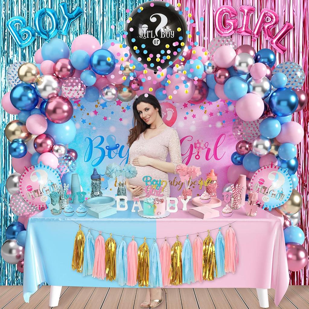 109Pcs Gender Reveal Decorations Boy or Girl Gender Reveal Party Supplies Including Balloons Tablecloths Backdrop Cake Toppers Fringe Curtains Tissue