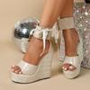 Ultrahigh 15cm Wedge Heels Strappy Thick Sole Platform Raffia Sandals Waterproof Catwalk Nightclub Party Shoes with Height shoes