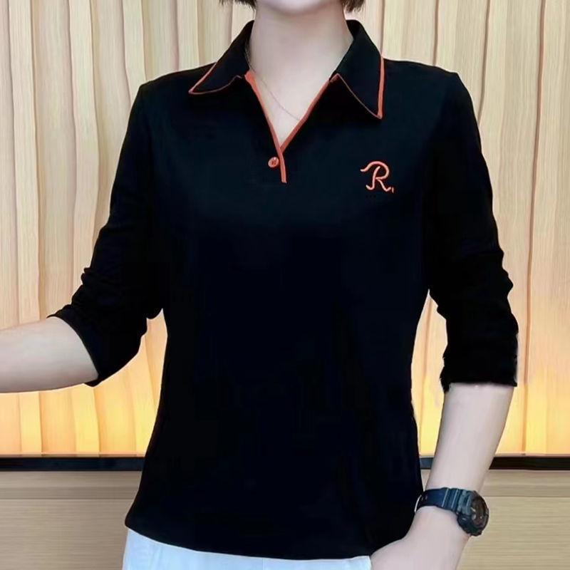 Spodní košile pro ženy s velkou velikostí volné podzimní tričko s dlouhým rukávem pro ženy s vyšívaným POLO límcem košile pro matku středního věku