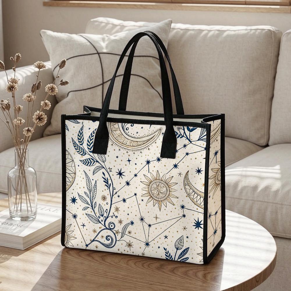 Boho Celestial Moon Sun Print Large Tote Bag Casual Daily Portable Shopping Shoulder Bag for Women